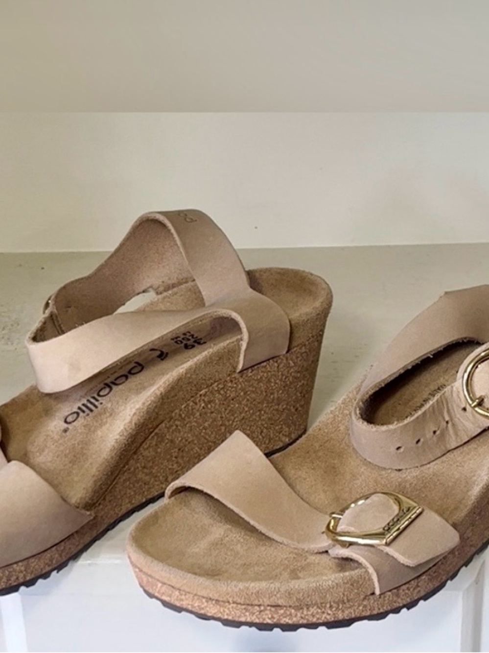 Papillio Beige Cork Platform Wedge Sandals